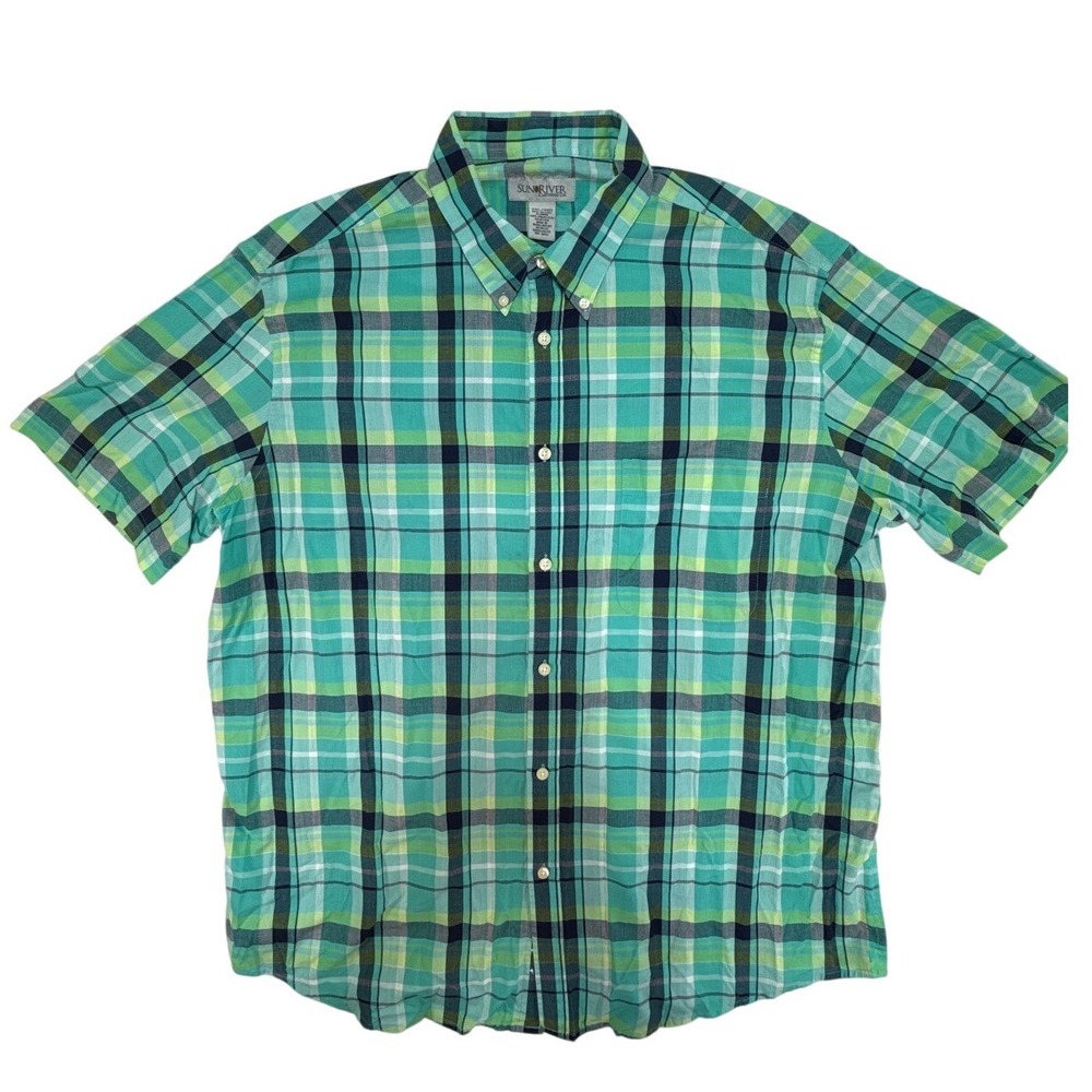 Sun River Clothing Co Mens XXL Green Teal Plaid Short Sleeve Button Down Shirt